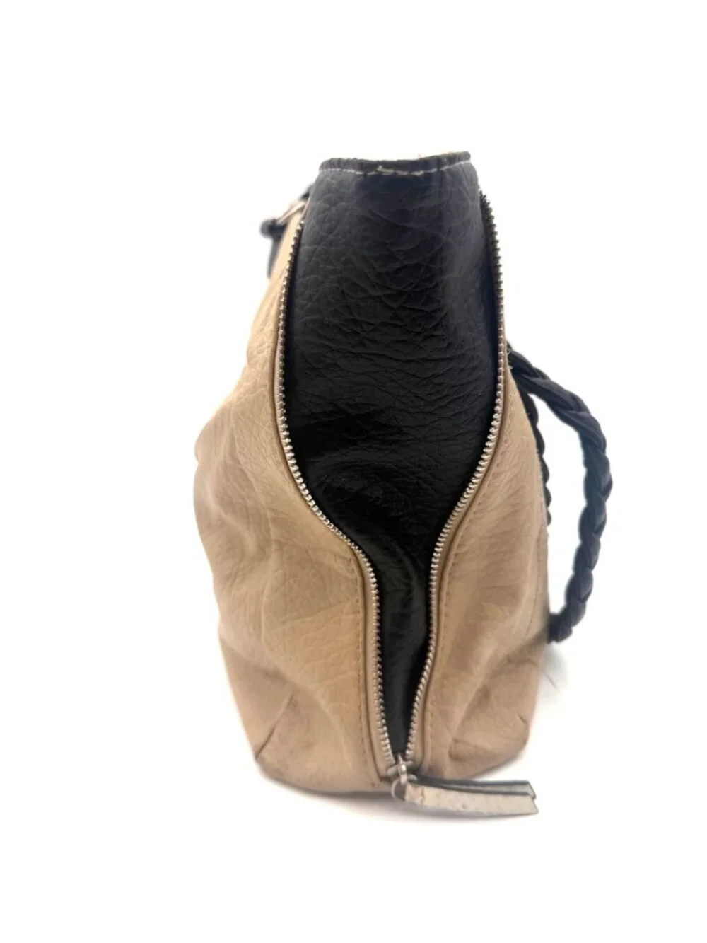 Rosetti Beige Black Braided Handle Satchel Shoulder Bag Faux Leather Purse